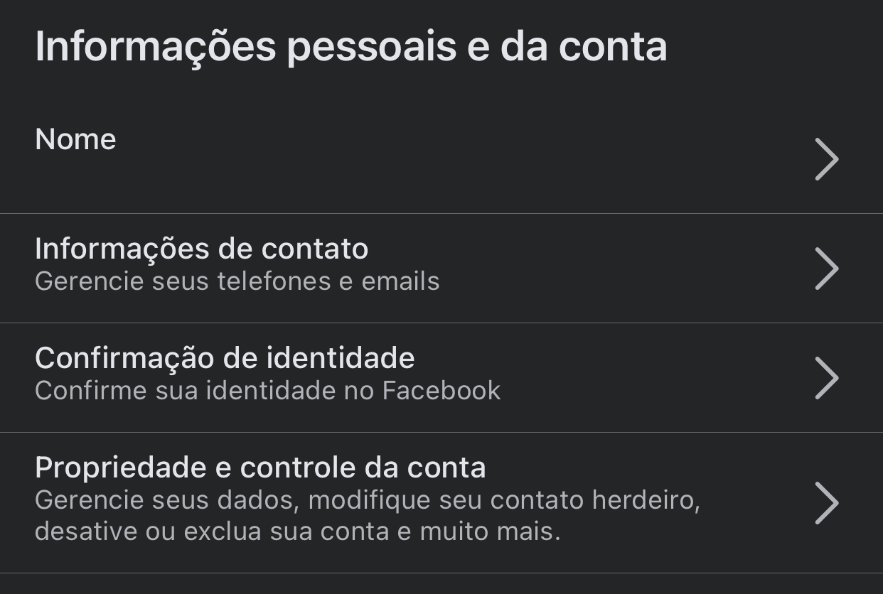 Menu com informações pessoais e da conta do Facebook