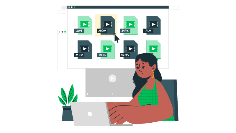Imagem vetorizada de uma mulher acessando arquivos de curso de edição de video