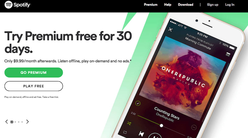 The image shows Spotify's landing page where it's written "Try Premium free for 30 days", beneath it, there are two buttons, in the first on it's written "Go premium", and in the second one "Play free".