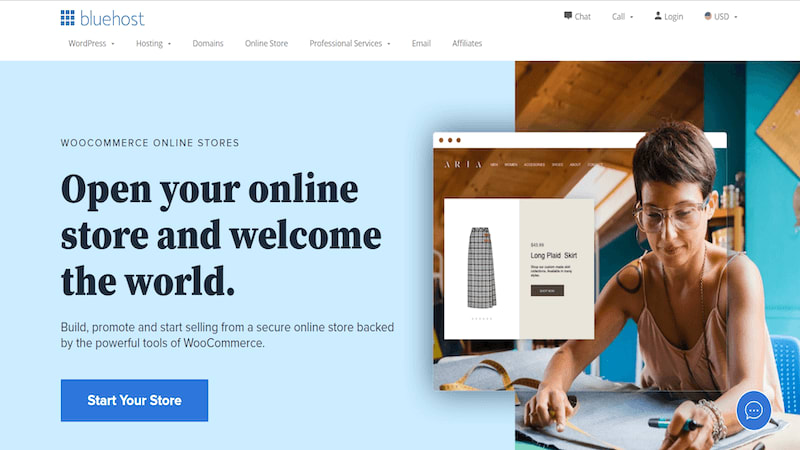 Bluehost WooCommerce online stores' page where it's written "Open your online store and welcome the world". 