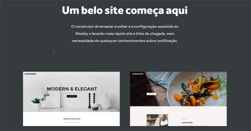 Banner do Weebly com texto "um beto site começa aqui"