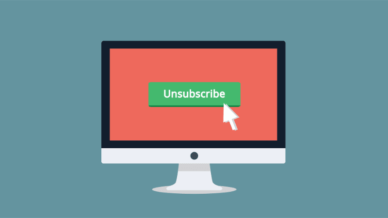 The image shows a desktop computer, on the screen it's written "Unsubscribe".