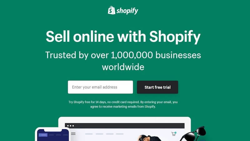 The image shows Shopify landing page where it's written "Sell online with Shopify", the call to action is "Start free trial".