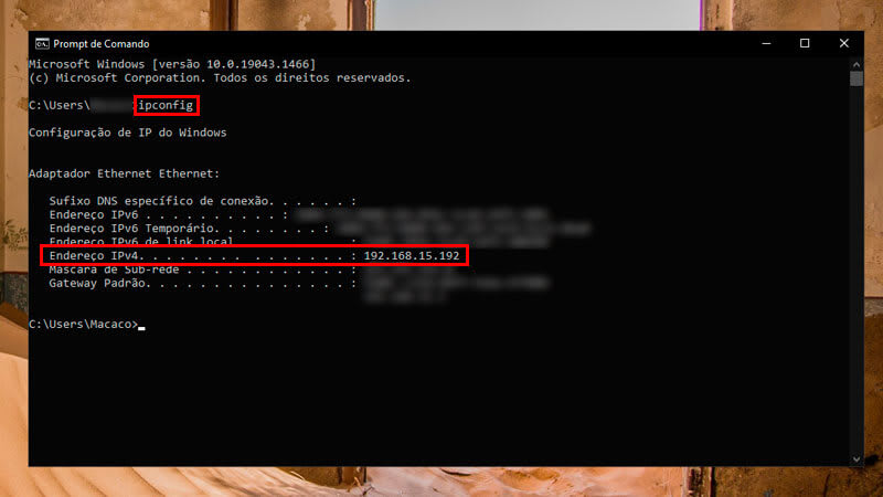 Prompt de comando do Windows executando o comando ipconfig