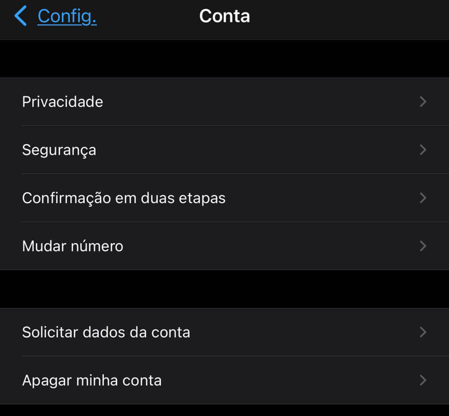 Captura de tela do menu de contas do WhatsApp