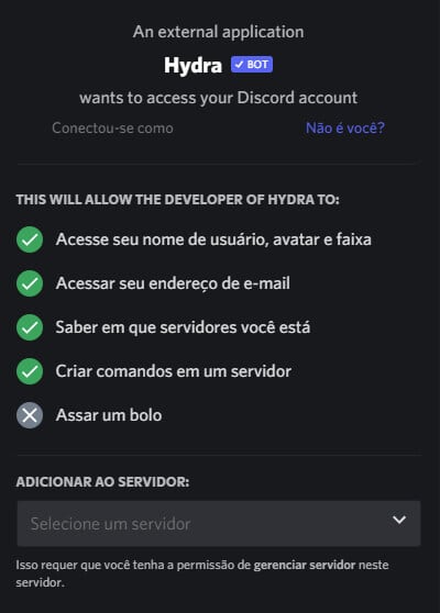 Tela de permissão do Hydra Bot