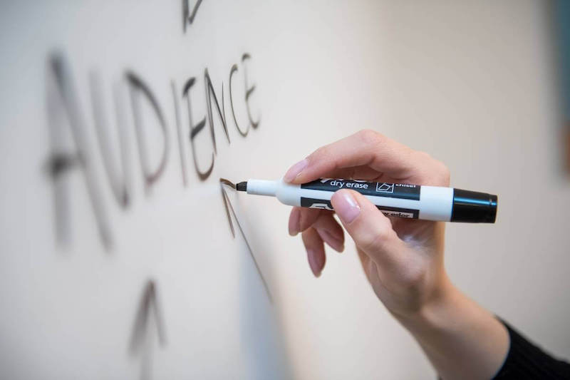 The image shows a person writing "audience" in a white board.