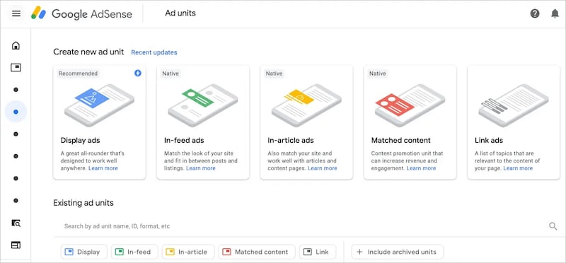 Google AdSense's page showing the types of ads.