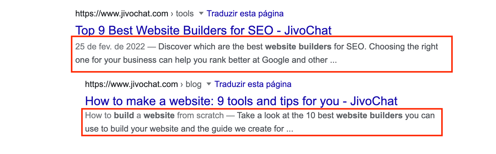 Google search results page where there are meta descriptions examples