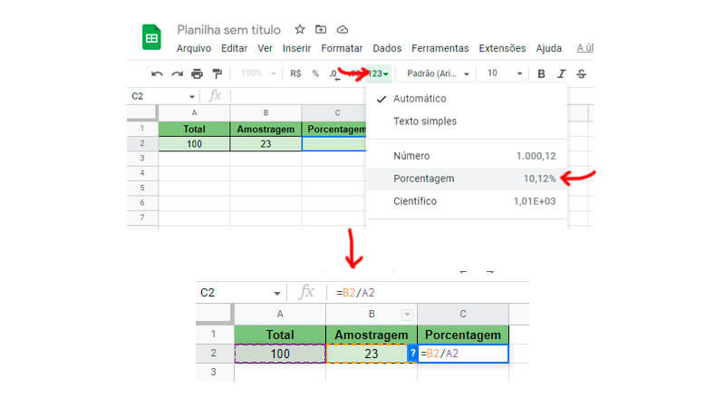 Passo a passo de como calcular porcentagem no Google Sheets