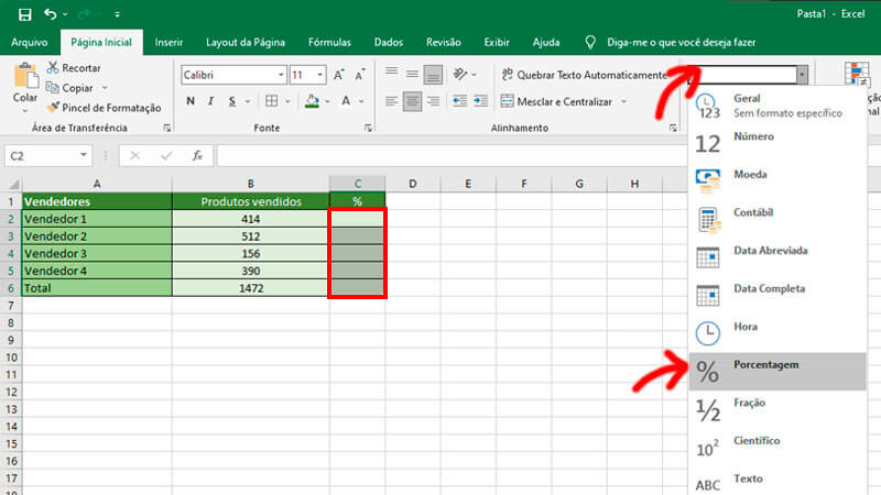 adicionando porcentagem na célula do Excel