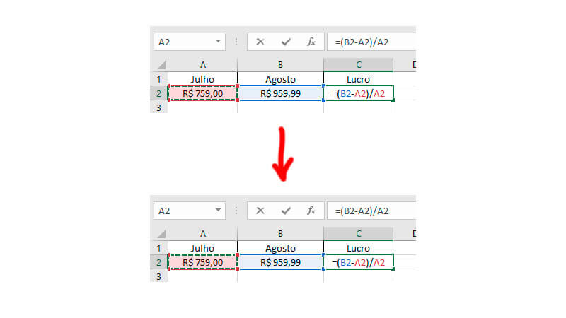 Passo a passo de como calcular a variação em porcentagem entre dois valores no Excel