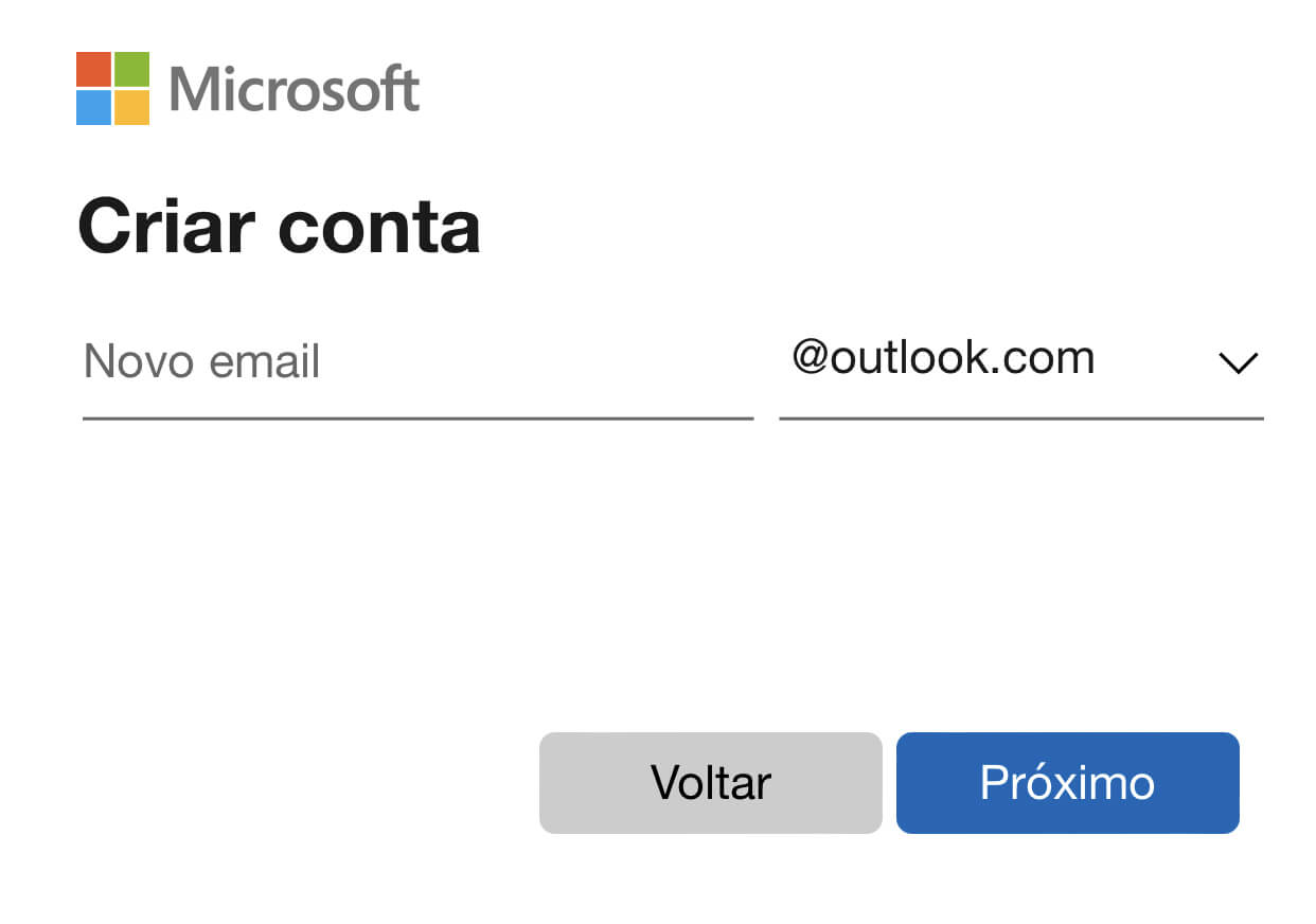 Tela para criar conta Outlook