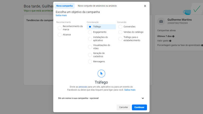 alternativas de objetivo de campanha no facebook