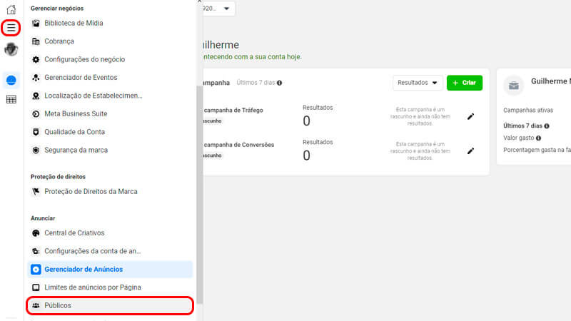 Captura de tela mostrando como acessar públicos no gerenciador do anúncios
