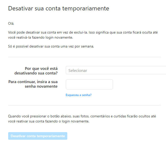 Tela do site do suporte do Instagram