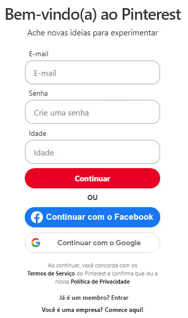 Captura de tela da pagina de login do Pinterest