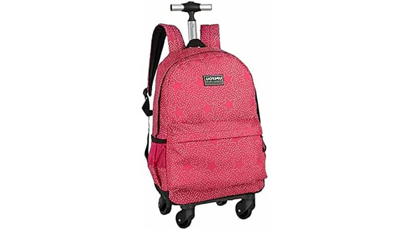 foto de uma mochila de rodinha infantil rosa com estrelas