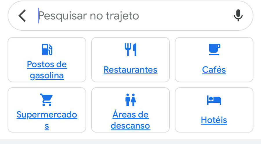 Opções de busca do Google Maps