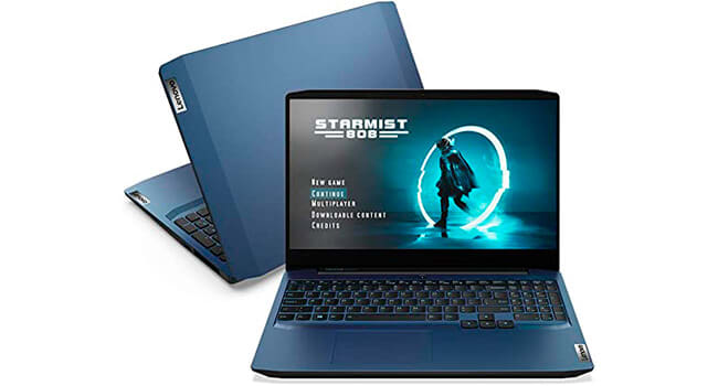 foto de um notebook fino gamer Lenovo IdeaPad 3i na cor azul