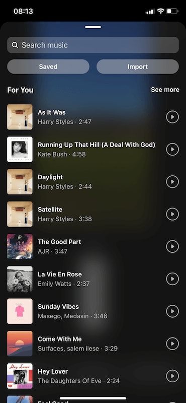 The image shows Instagram music suggestions to add on the reels