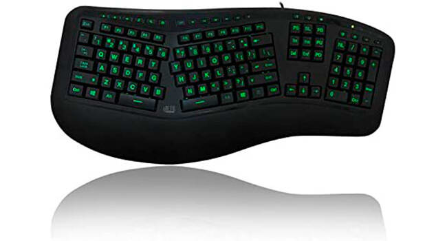 foto de um teclado ergonômico Adesso com retroiluminação verde