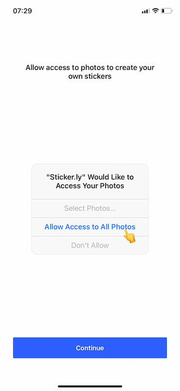 Sticker.ly page "allow access to all photos"