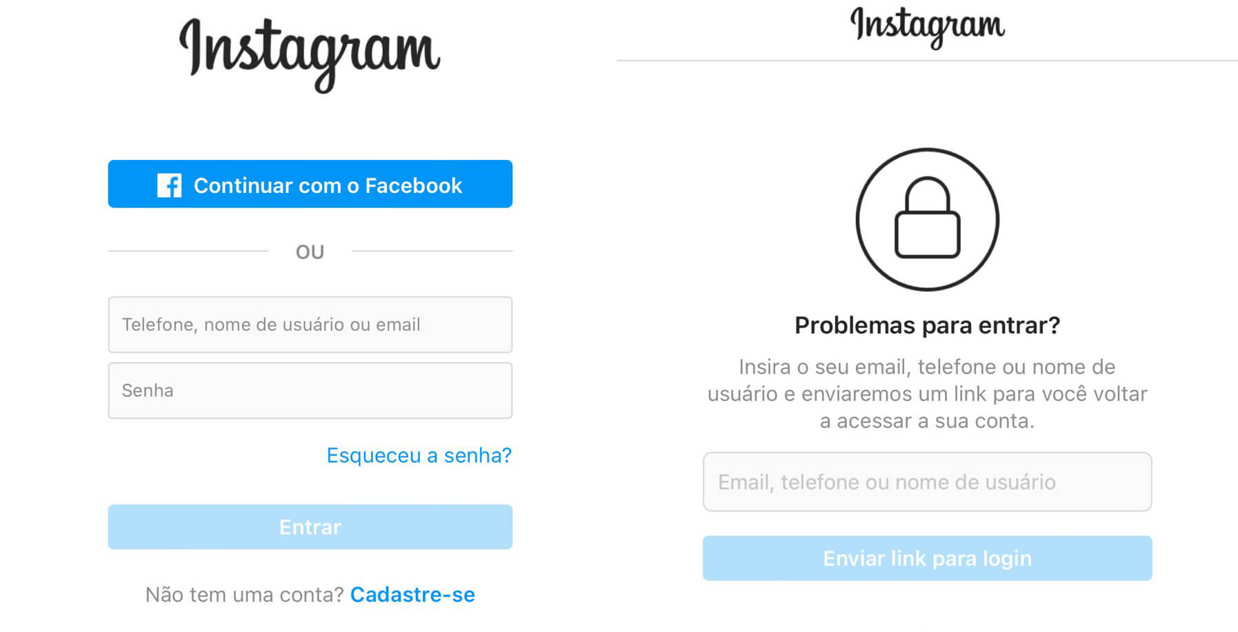 Captura de tela de login e recuperação de senha do Instagram