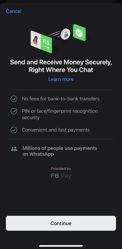 WhatsApp image where the Facebook Pay features are explained