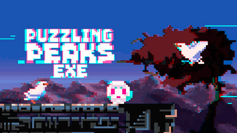 imagem em pixel art da logo Puzzling Peaks EXE logo acima de uma plataforma do jogo ao lado de uma arvore