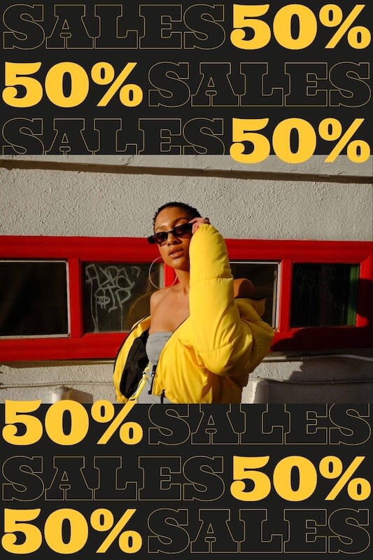 In the image it's written 50% sale, and on the middle of the image there is a woman wearing a coat, and sunglasses. 