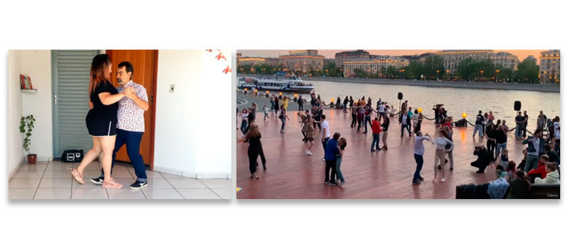 Imagens tiradas do curso de dança de forró, à esquerda um casal dançando e à direita vários casais dançando no pier de um rio.