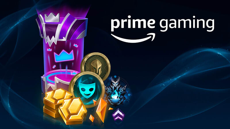 imagem que mostra diversos itens do jogo League of Legends ao lado da Logo Prime Gaming