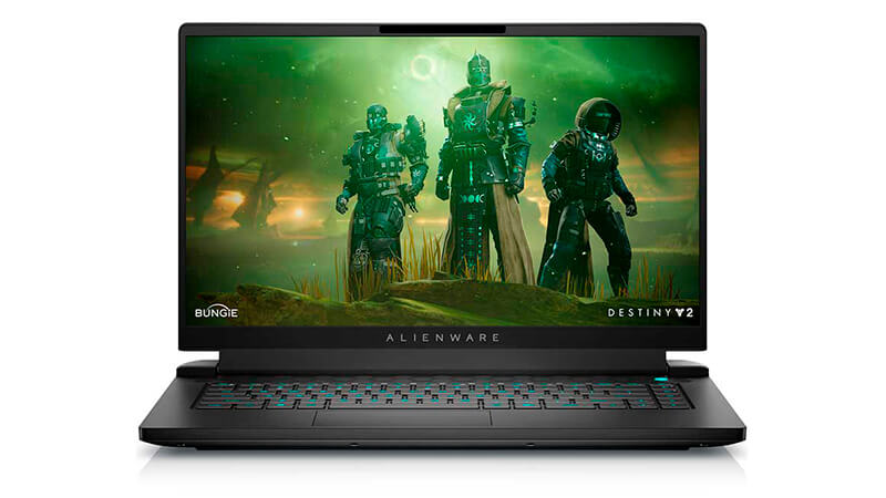 imagem de um notebook Alienware M15 R7 aberto com uma foto do jogo Destiny 2