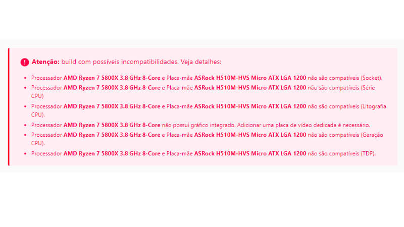 imagem que mostra erros de compatibilidade entre componentes no site MeuPC.net