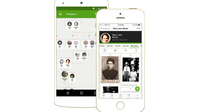 imagem que mostra dois celulares com o aplicativo do FamilySearch aberto