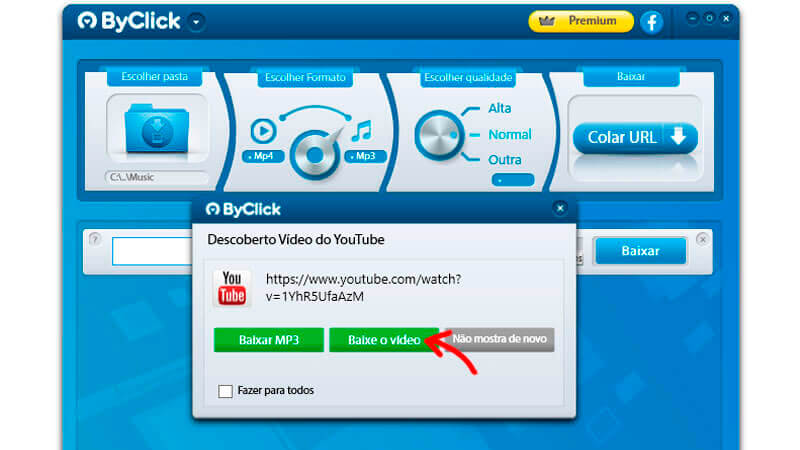 imagem do aplicativo ByClick Downloader com uma seta vermelha apontando para o botão "Baixe o Video"