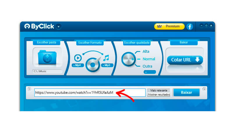 imagem do programa ByClick Downloader com uma seta vermelha apontando para a barra de pesquisa do programa