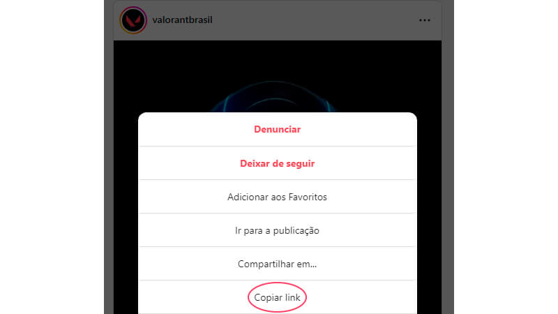 imagem explicando de forma detalhada como copiar o link de um vídeo no Instagram, com a opção "Copiar Link" circulada 