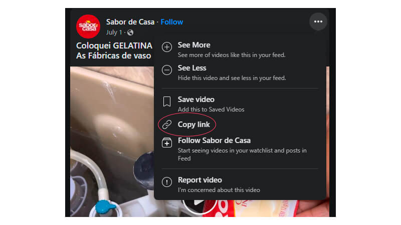 imagem explicando de forma detalhada como copiar o link de um vídeo no Facebook, com a opção "Copy Link" circulada 