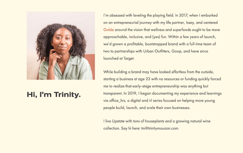 Trinity Mouzon's bio in her website 