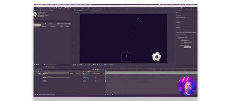 Instrutor fazendo animação de uma bola quicando no After Effects