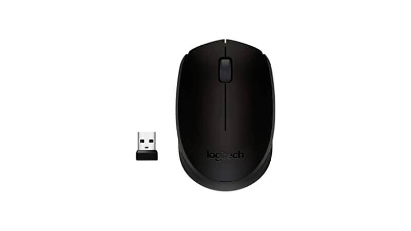 imagem de um mouse Logitech M170 na cor preta ao lado do seu conector USB