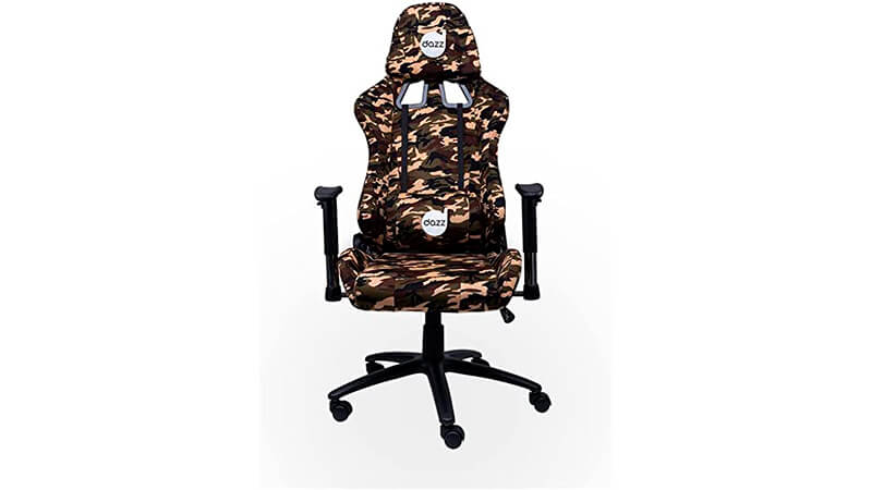 imagem de uma cadeira ergonômica Gamzer Dazz Battle com estampa camuflada e almofada para lombar