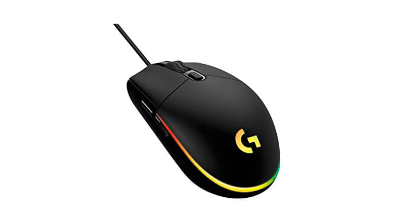 imagem de um mouse Logitech G203 na cor preta com laterais e a logo iluminados em RGB