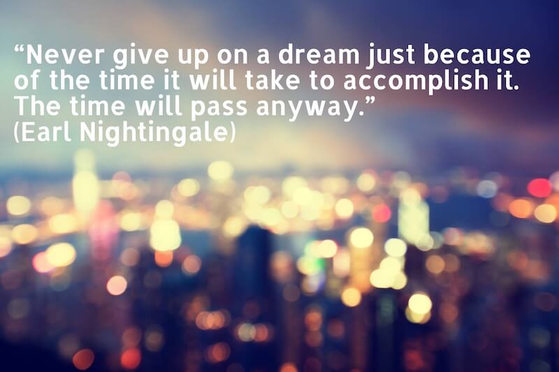 In the image it's written  "Never give up on a dream just because of the time it will take to accomplish it. The time will pass anyway." (Earl Nightingale).