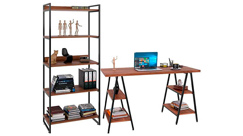 imagem de uma mesa de escritório Nogal no padrão cavalete e uma estante