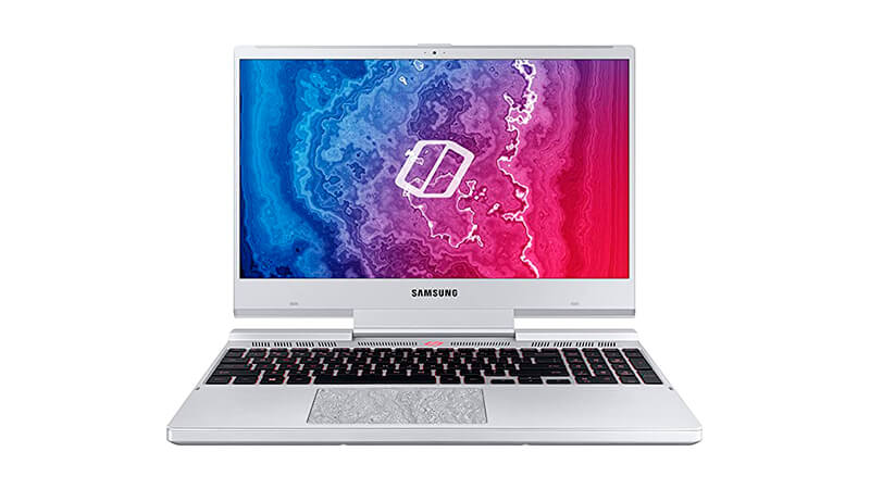 imagem de um notebook Samsung Odyssey aberto e com estrutura na cor prateada