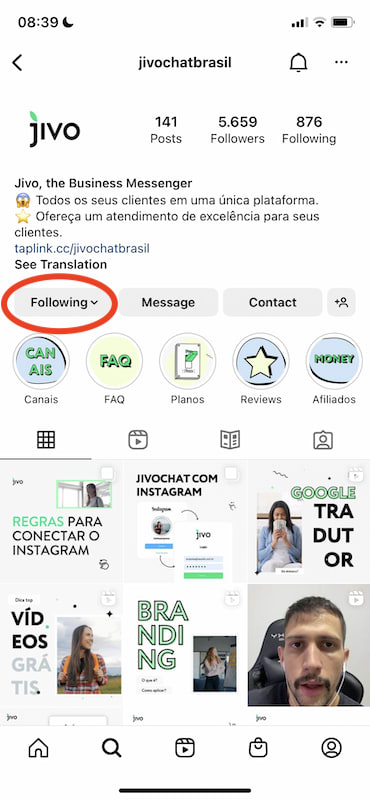 Instagram profile showing the "following" button