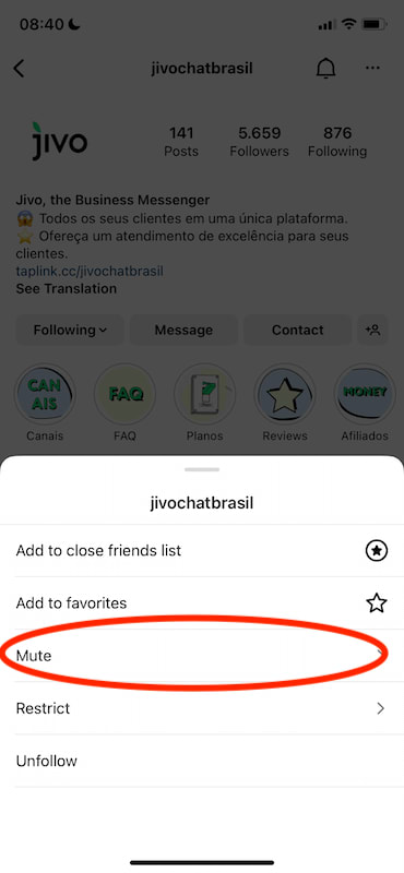 Instagram page showing the button "mute"